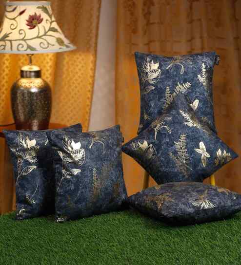 Blue Velvet Floral 16X16 Inches Cushion Covers (5Pcs)