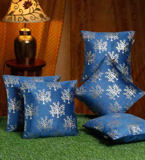 Blue Velvet Floral 16X16 Inches Cushion Covers (Pack of 5)