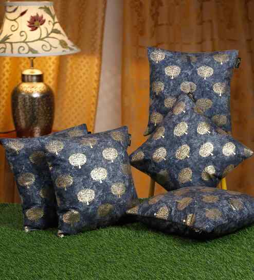 Blue Velvet Floral 16X16 Inches Cushion Covers (5Pcs)