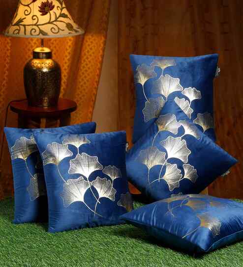 Blue Velvet Floral 16X16 Inches Cushion Covers (Pack of 5)