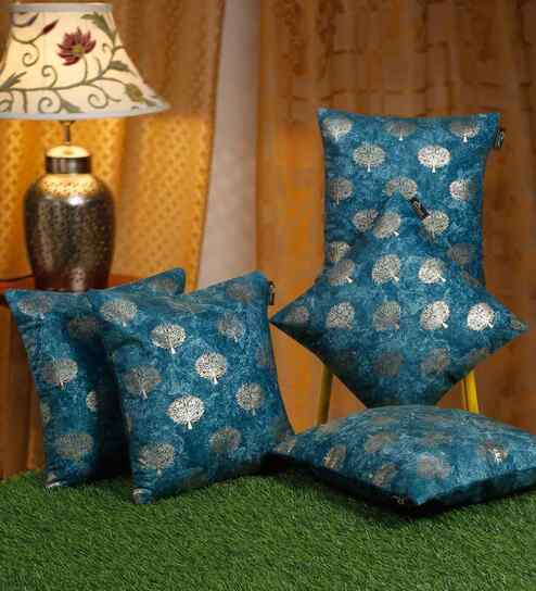 Blue Velvet Floral 16X16 Inches Cushion Covers (5Pcs)