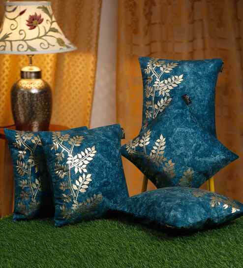 Blue Velvet Floral 16X16 Inches Cushion Covers (5Pcs)