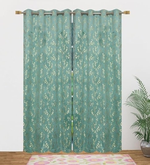 Blue Velvet Floral 5 Foot Ring Top Window Curtain