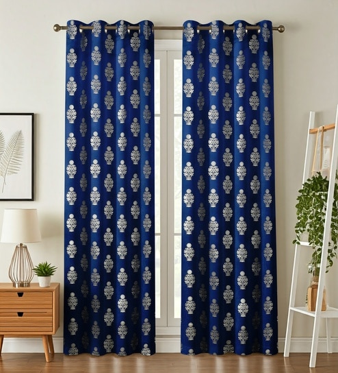 Blue Velvet Floral 5 Foot Ring Top Window Curtains Set Of 2
