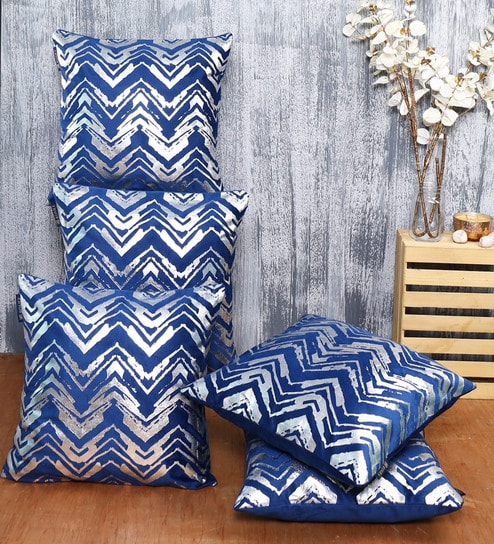 Blue Velvet Foil Printed 40x40 inches Cushion Covers Set of 5