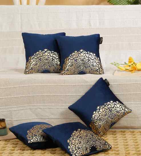 Blue Velvet Geometric 12X12 Inches Cushion Covers (Pack of 5)