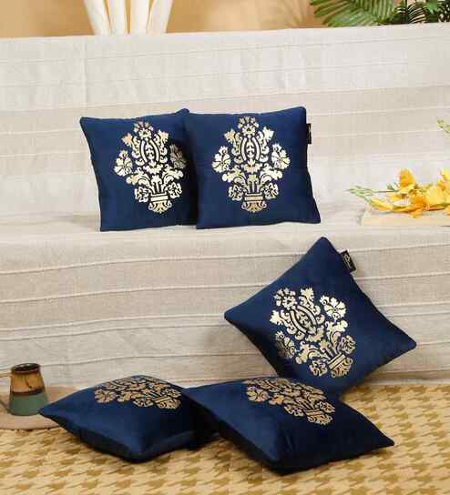 Blue Velvet Geometric 12X12 Inches Cushion Covers (Pack of 5)