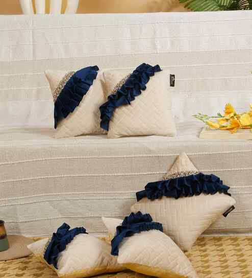 Blue Velvet Geometric 12X12 Inches Cushion Covers (Pack of 5)
