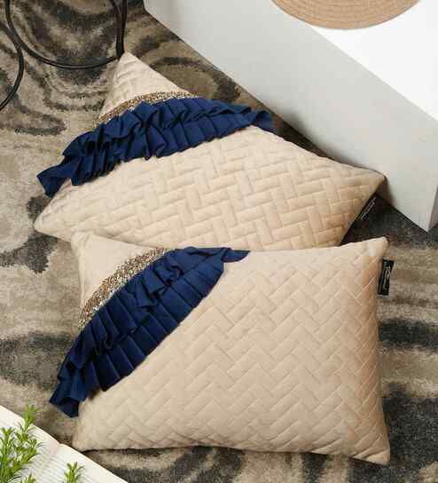 Blue Velvet Geometric 12X18 Inches Cushion Covers (2Pcs)