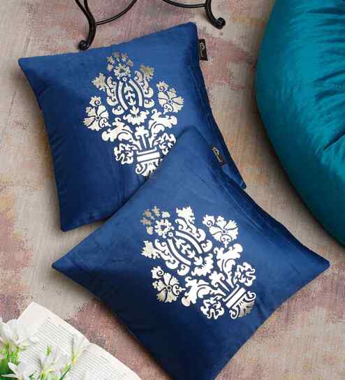 Blue Velvet Geometric 16X16 Inches Cushion Covers (Pack of 2)