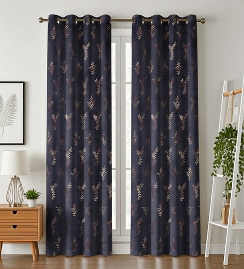 Blue Velvet Leaf Print 5Ft Ring Top Window Curtains Pack of  2