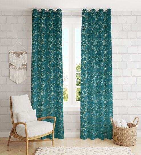 Blue Velvet Tree Branch  5 Foot Ring Top Window Curtain