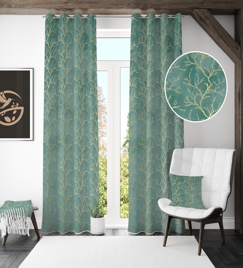 Blue Velvet Tree Branch  9 Foot Ring Top Door Curtains Set Of 2
