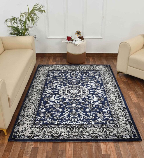 Blue Vintage Polyester 5 x 7 Feet Machine Made Carpet
