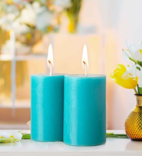 Blue Wax Pillar Candles Cool Blue Aroma Pack Of 2