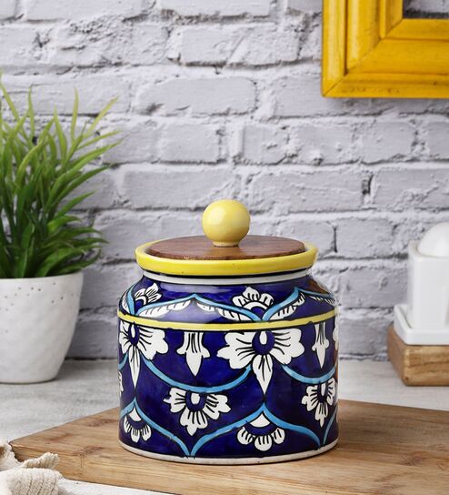 Blue White Floral Cylindrical Ceramic Jar with Wooden Lid