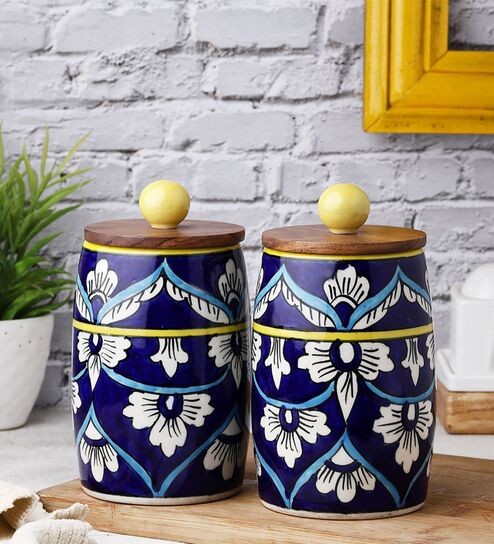 Blue White Floral Dholak Ceramic Jars Set of Two
