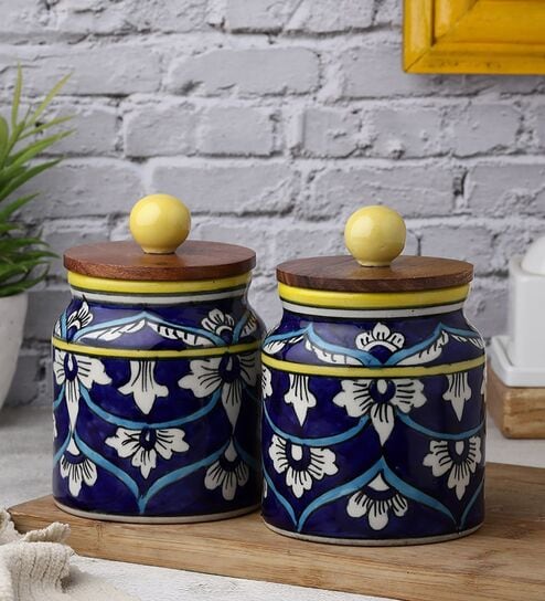 Blue White Floral Small Ceramic Jars Set of Two