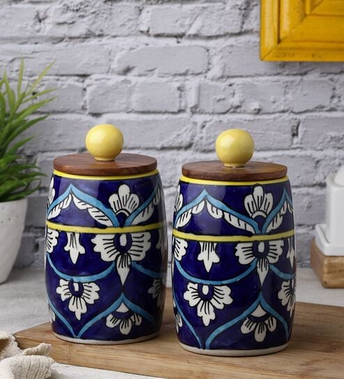 Blue White Floral Small Dholak Ceramic Jars Set of Two