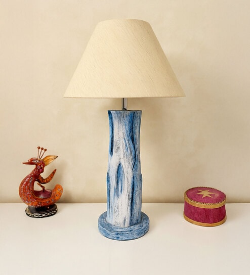 Blue White Handmade Distress wooden Table lamp in Vase design in Rustic Bark finish with Beige fabric shade-image-46
