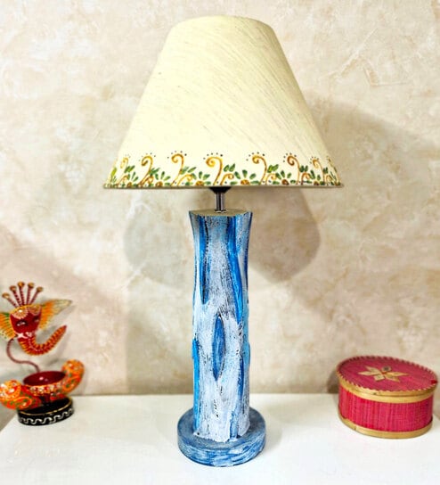 Blue White Handmade Distress wooden Table lamp in Vase design in Rustic Bark finish with Handpainted Border on Beige fabric shade-image-48