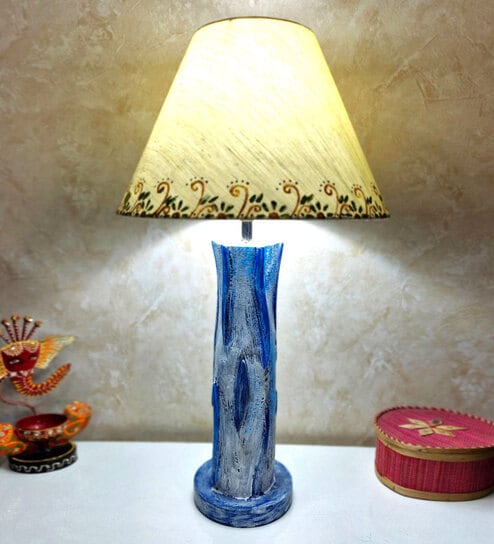 Blue White Handmade Distress wooden Table lamp in Vase design in Rustic Bark finish with Handpainted Border on Beige fabric shade