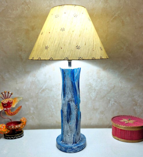 Blue White Handmade Distress wooden Table lamp in Vase design in Rustic Bark finish with Handpainted Floral design on Beige fabric shade