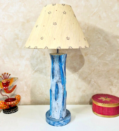 Blue White Handmade Distress wooden Table lamp in Vase design in Rustic Bark finish with Handpainted Floral design on Beige fabric shade-image-47