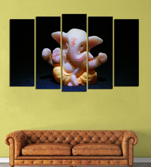 Blue Wood Multiple Frames Beautiful Lord Ganesha Art Panels - Set Of 5 By Inephos