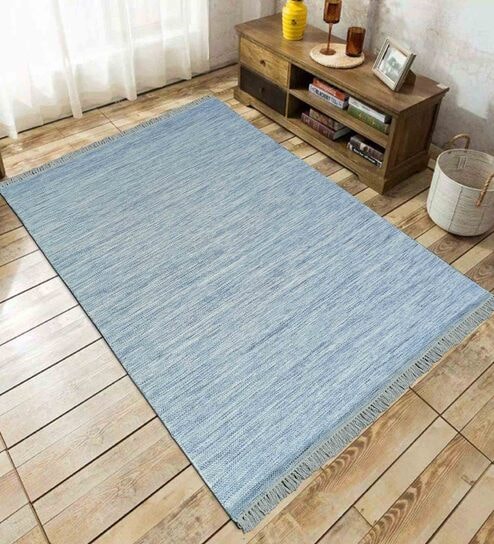 Blue Solid Wool 5 ft x 7 ft Hand Woven Carpet