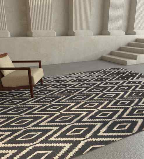 Blue Wool Geometrical 8 Ft X 10 Ft Flat Weaves Carpet