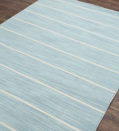 Blue Striped Wool 8 ft x 10 ft Flat Weave Carpet by Jaipur Rugs
