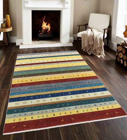 Buy Blue Wool Stripes Hand Woven 7 9 X 5 8 Feet Carpet By