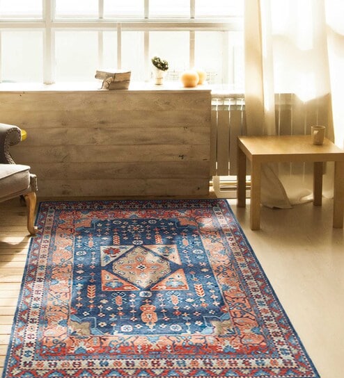 Blue Wool Traditional 5 ft x 8 ft Hand Tufted Carpet