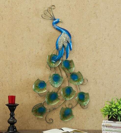 Buy Blue Wrought Iron Peacock With Led Wall Art By B K Exports