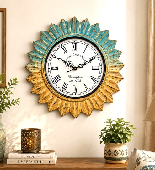 Blue And Green Gold Solid Wood Surya Wall Clock