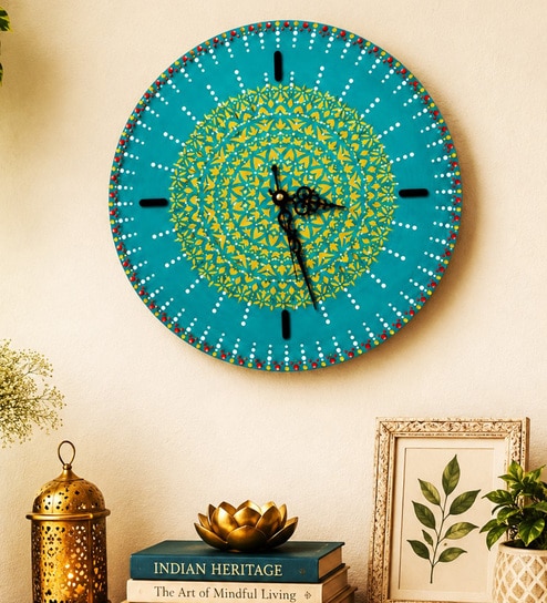 Blue And Green Solid Wood Mandala Wall Clock