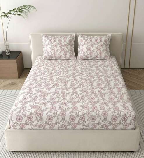 Blush Pink Grace Double 186 TC Cotton Bedsheet With 2 Matching Pillow Covers