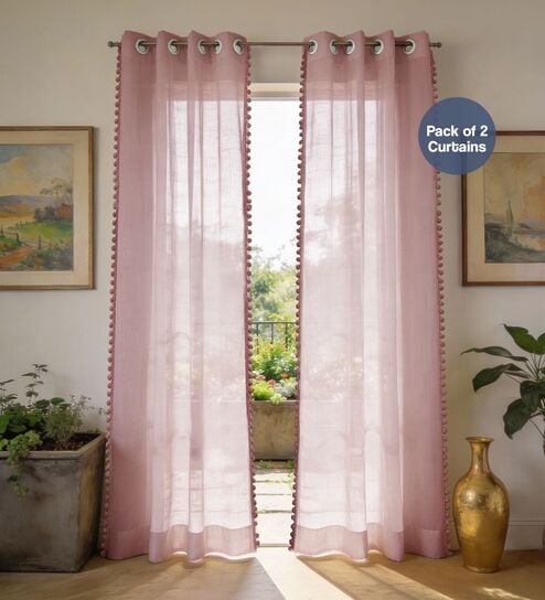 Blush Pink with Pom pomSolid Polyester Curtains for Door Pack of 2