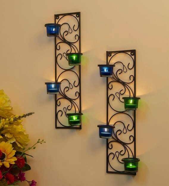 Buy Black Metal Wall Candle Holder Set of 2 by Homesake Online Wall
