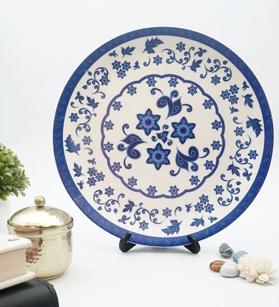 Buy Blue Ceramic Floral Blue Pottery Decorative Plate Showpiece By