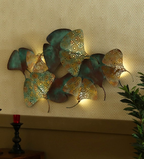 Buy Wrought Iron Ginko Leaf In Blue With Led Wall Art By Malik Design Online Floral Metal Art Metal Wall Art Home Decor Pepperfry Product