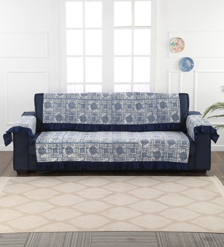 Buy Blue Cotton 3 Seater Sofa Cover By Kirti Finishing Online - Sofa ...