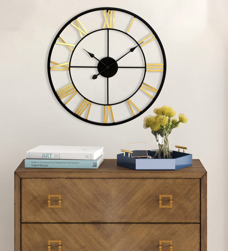 Buy Black & Gold Metal 20 Inch Wall Clock by Craftter Online Vintage