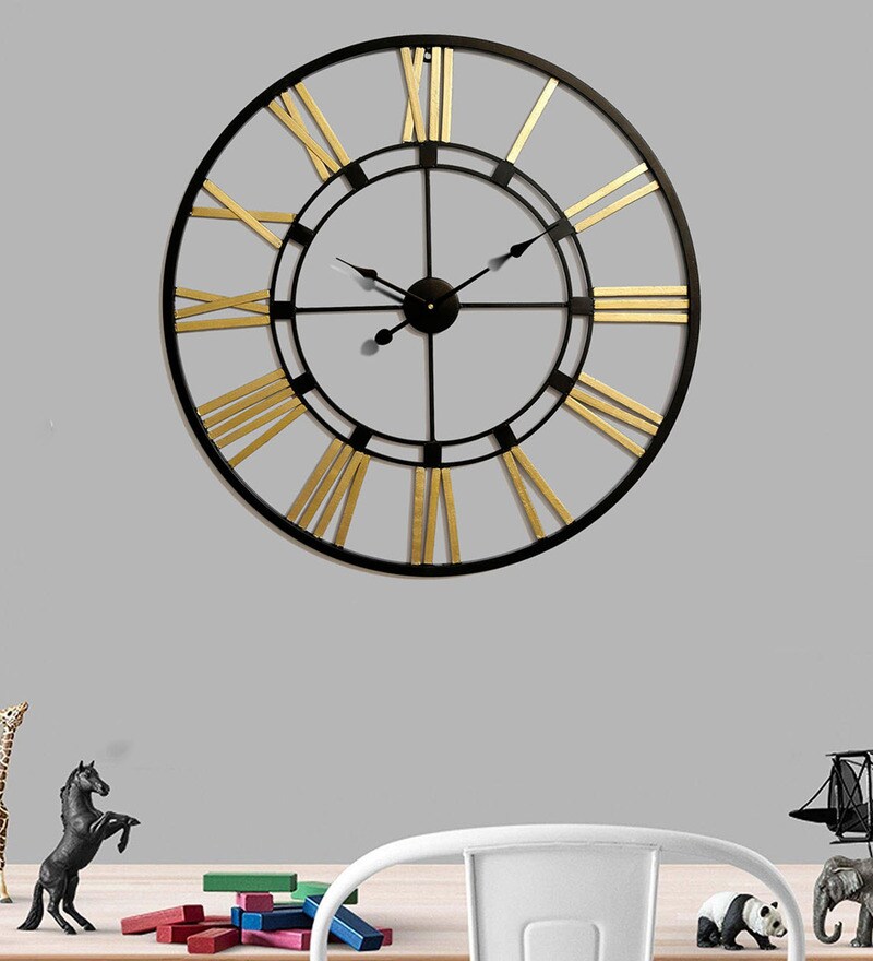 Buy Black & Gold Metal 20 Inch Wall Clock by Craftter Online Vintage