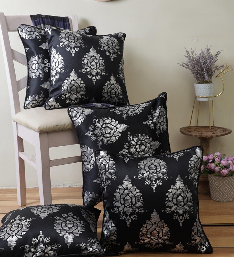 Buy Black Classic Polyester 16 x 16 Inches Cushion Cover (Set of 5) by