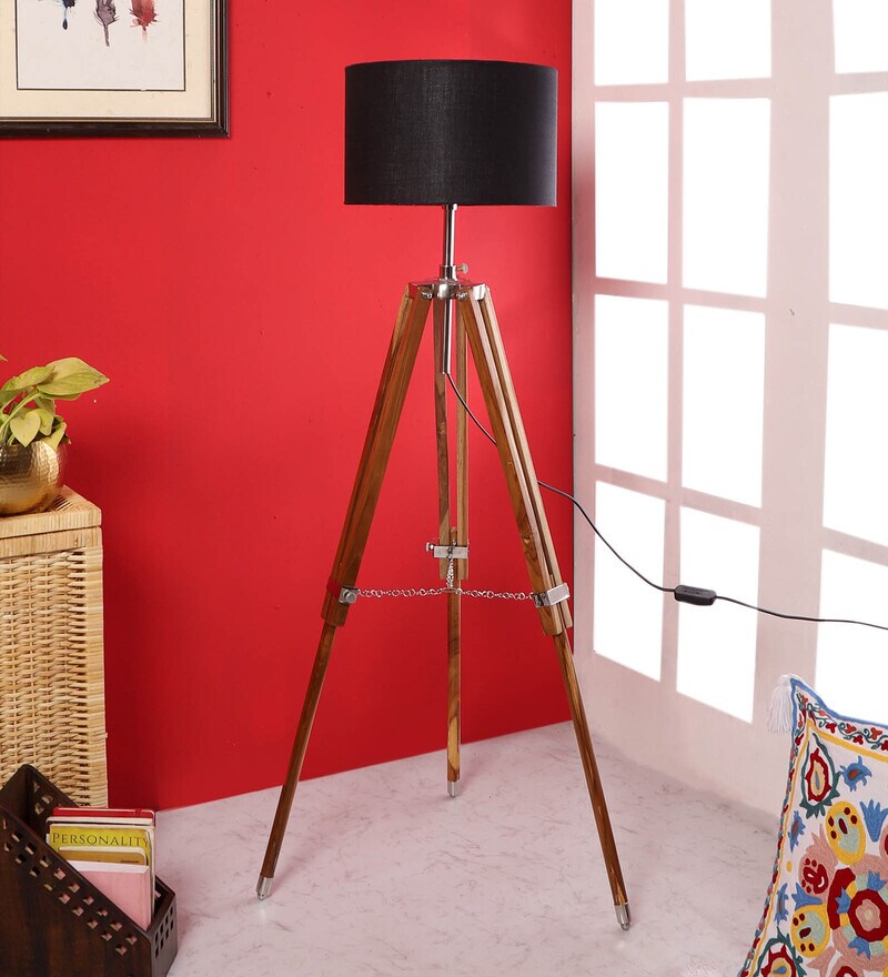 Buy Black Cotton Shade Tripod Floor Lamp with Teak Base by Pristine