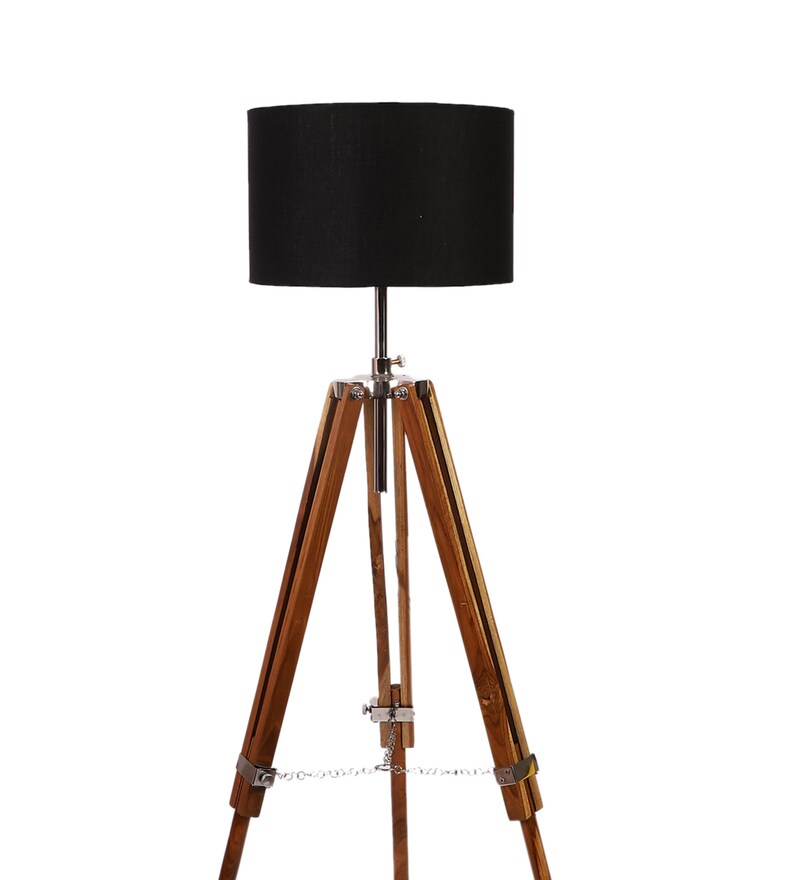 Buy Black Cotton Shade Tripod Floor Lamp with Teak Base by Pristine