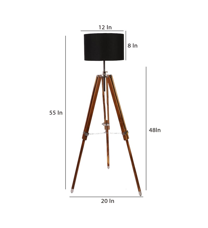 Buy Black Cotton Shade Tripod Floor Lamp with Teak Base by Pristine