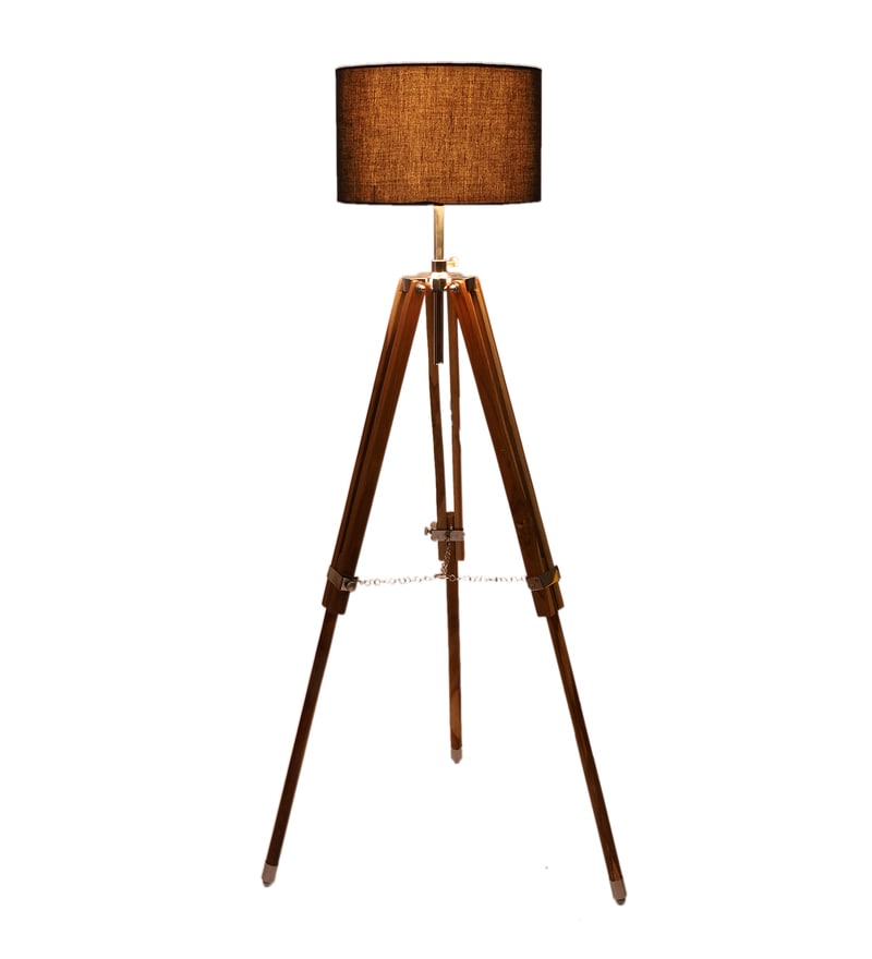Buy Black Cotton Shade Tripod Floor Lamp with Teak Base by Pristine